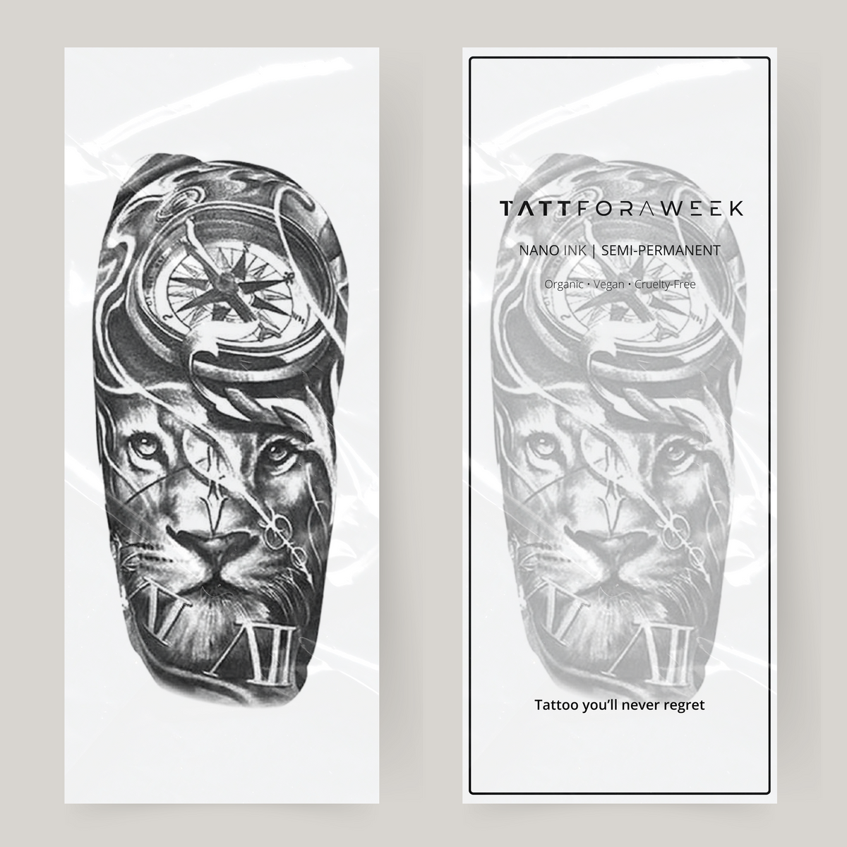 Nep tattoo sleeve leeuw en klok